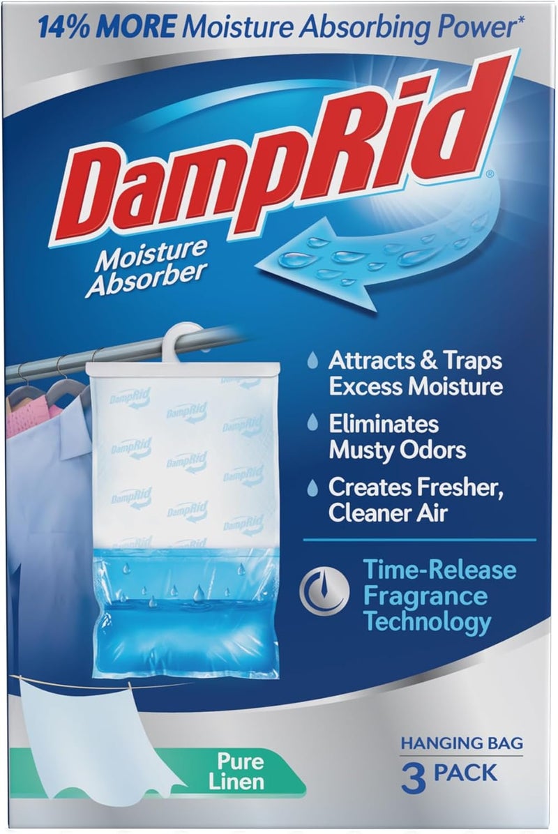 DampRid Pure Linen Hanging Moisture Absorber, 16 oz., 3 Count (Pack of 1) - Eliminates Musty Odors for Fresher, Cleaner Air, Ideal for Closet, 14% More Moisture Absorbing Power* - Image 1